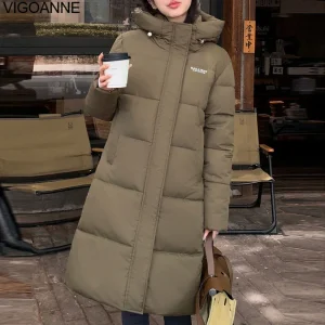 VigoAnne 2025 inverno cerniera con cappuccio piumino lungo cappotto coreano donna manica lunga tasca giacca allentata solida signora spessa tuta sportiva calda 1