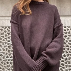 Autunno Moda Marrone scuro Pullover lavorato a maglia allentato Donna Casual O-Collo Manica lunga Maglione bianco spesso 2025 Maglieria invernale da donna 1