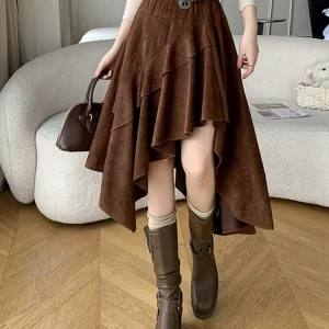 Gonna longuette in pelle scamosciata asimmetrica retrò americana per donna Gonne a trapezio retrò autunno inverno stile bohemien vintage da donna 1