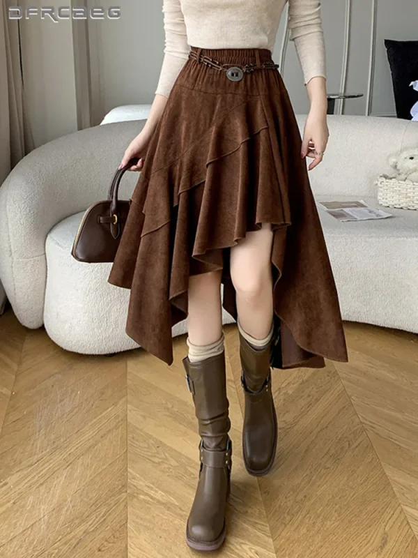 Gonna longuette in pelle scamosciata asimmetrica retrò americana per donna Gonne a trapezio retrò autunno inverno stile bohemien vintage da donna 1
