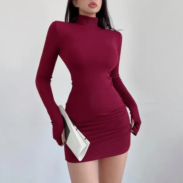 Mini abito rosso mezzo dolcevita donna Y2K manica lunga sexy abito sottile sui fianchi autunno inverno donna streetwear party club abiti neri 1