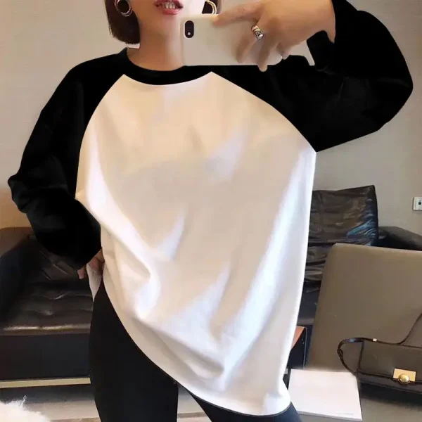T-shirt allentata oversize vintage stile americano autunno inverno Abbigliamento donna T-shirt casual a maniche lunghe con o-collo Top chic in puro cotone 5