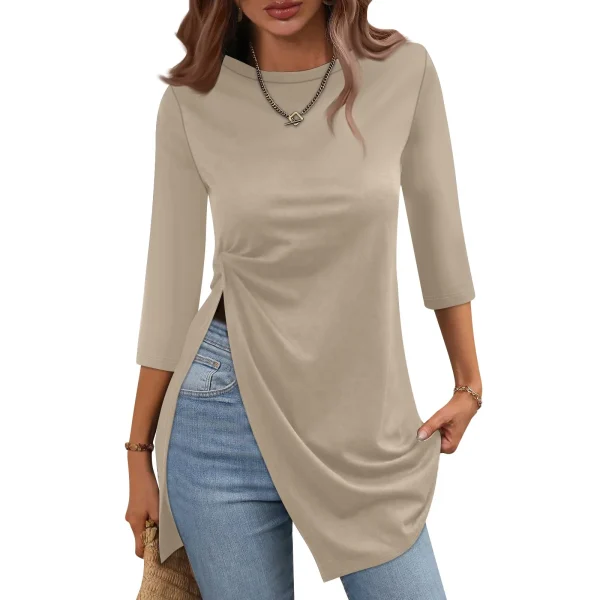 T-shirt da donna estiva minimalista tinta unita moda Casual con orlo diviso girocollo manica a tre quarti top Skinny traspiranti 4