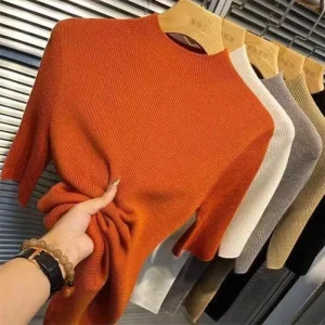 Top da donna in tinta unita con colletto alla coreana, mezza manica, casual, sottile, in maglia elastica alta, basic, morbido, autunno/primavera 1