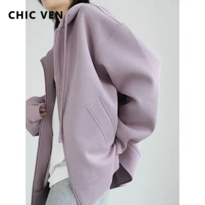 CHIC VEN Felpe da donna Felpe con cappuccio Solido Allentato Casual con cappuccio Top da donna Cappotto da donna Cappotto di media lunghezza Primavera Autunno 2025 1
