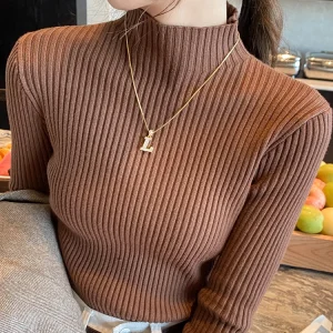 Top eleganti in maglia basic tinta unita maglione da donna con collo alto manica lunga pullover casual sottile moda coreana abiti semplici chic 1