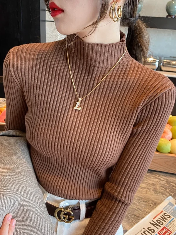 Top eleganti in maglia basic tinta unita maglione da donna con collo alto manica lunga pullover casual sottile moda coreana abiti semplici chic 1