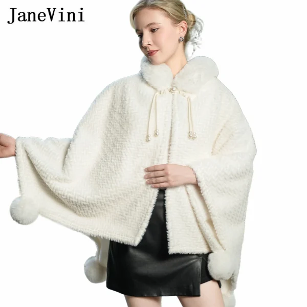 JaneVini Inverno Avorio Con Cappuccio Pelliccia Da Sposa Bolero Fiesta Mujer Elegante Cappotto di Pelliccia Sintetica per Scialle Da Sposa Mantello Coprispalle Sposa Wrap Cape 5