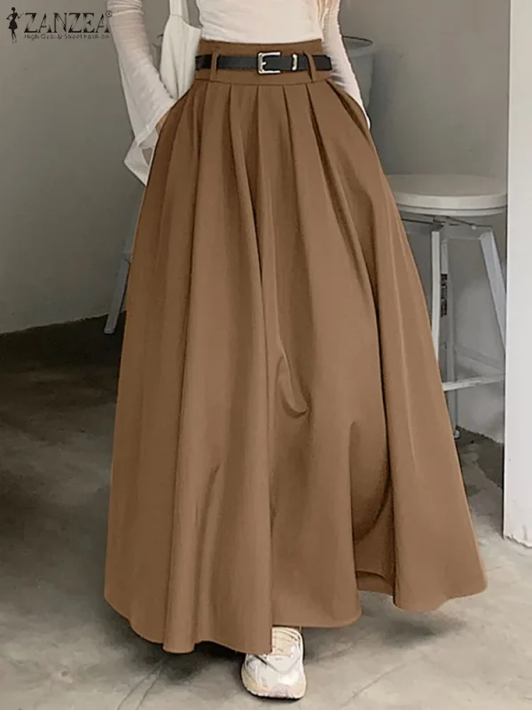ZANZEA donna vita alta Jupe2024 primavera Vintage ufficio Falda moda coreana gonna a pieghe altalena vacanza allentata Maxi gonna solida 3