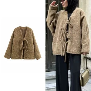 Moda Donna Cardigan a Maglia Casual Autunno e Inverno Allentato Tinta Unita Scollo a V Cravatta Cappotto Retrò Manica Lunga Giacca Pendolare 1