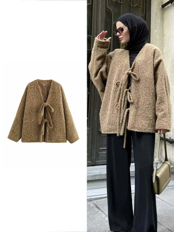 Moda Donna Cardigan a Maglia Casual Autunno e Inverno Allentato Tinta Unita Scollo a V Cravatta Cappotto Retrò Manica Lunga Giacca Pendolare 1