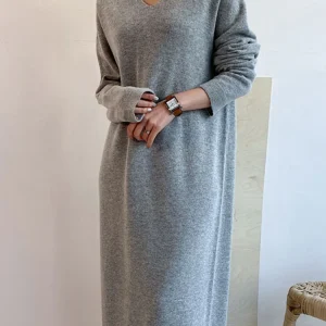 Abito lungo maglione donna 2024 autunno inverno nuovo scollo a V lavorato a maglia donna allentata maxi abito in cashmere abiti eleganti stile coreano 1