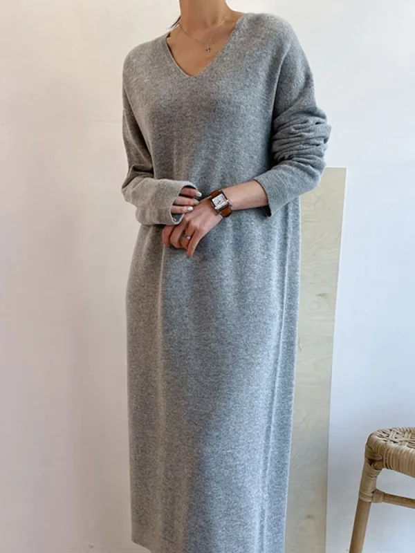 Abito lungo maglione donna 2024 autunno inverno nuovo scollo a V lavorato a maglia donna allentata maxi abito in cashmere abiti eleganti stile coreano 1