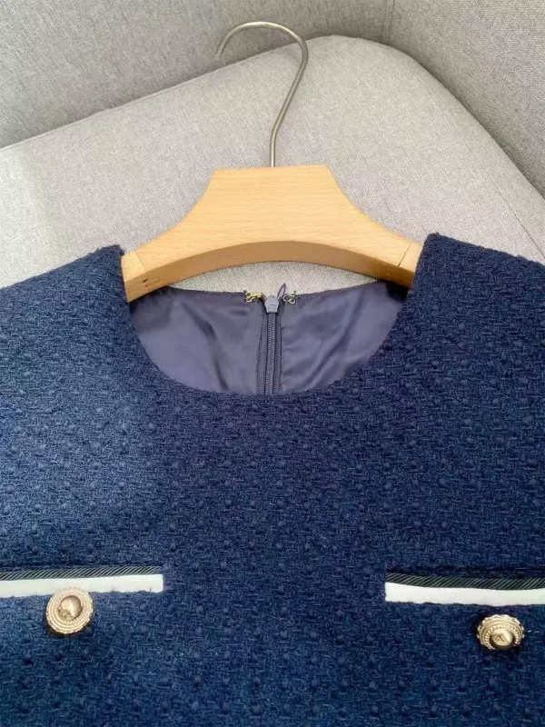 2025 Autunno New Fashion Blu Navy Tweed Abito a maniche corte Donna Temperamento Girocollo Pendolari Vita alta Abito corto da donna 5