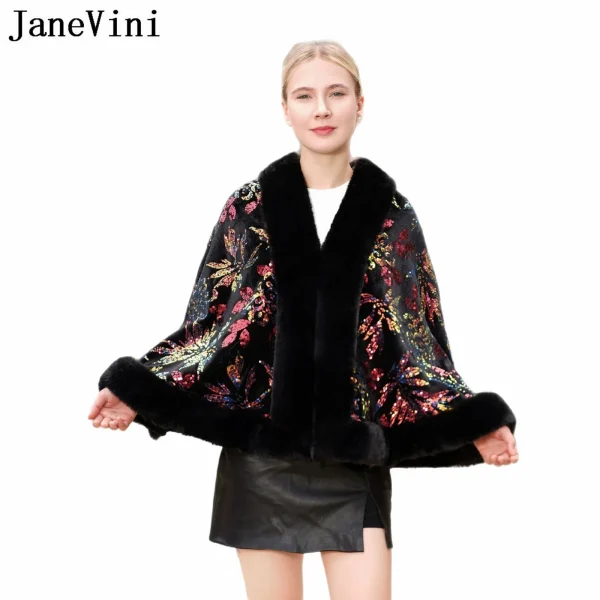 JaneVini Moda Nero Paillettes Scialle da sposa Avvolgente in pelliccia sintetica Bolero Abito da sera Mantello da donna Mantello da sposa Coprispalle Giacca invernale 5