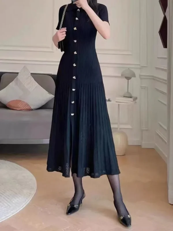 Abito da donna in maglia verde o nero Colletto rovesciato Elegante abito longuette monopetto a maniche corte 2