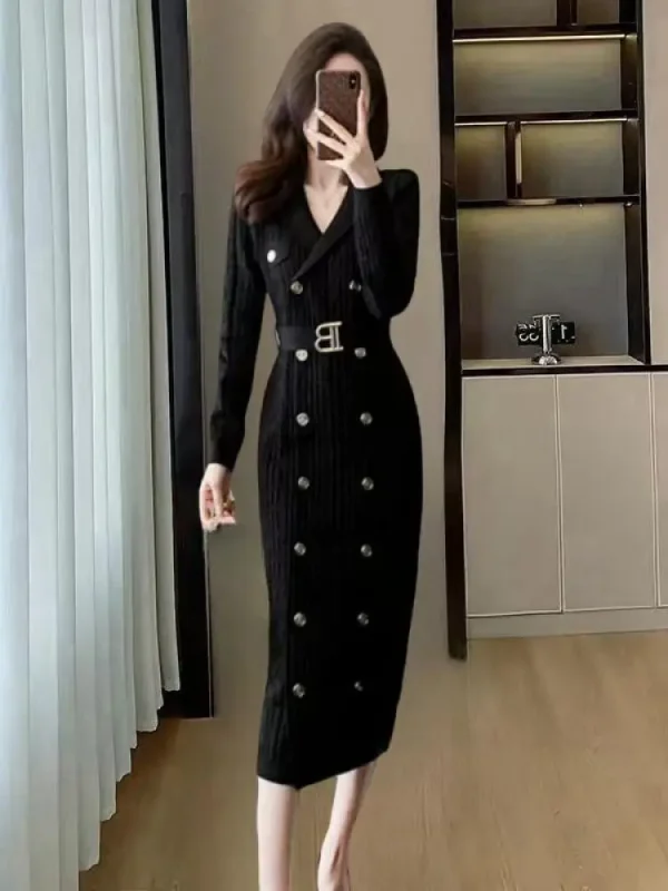 Abito da donna coreano solido doppio petto a maniche lunghe autunno inverno ufficio signora elegante festival abiti lavorati a maglia moda per il tempo libero 4