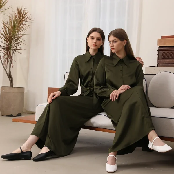 Abito lungo con colletto AP 25 AW da donna Nuovo abito in raso nero e oliva Cintura in vita Abiti eleganti 4