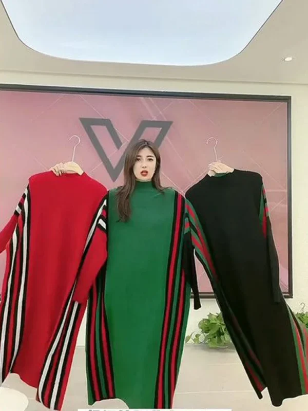 Maglieria casual a strisce Abiti midi larghi Elegante mezzo dolcevita Abito lavorato a maglia Maglione Autunno Inverno Abiti da donna coreani 4