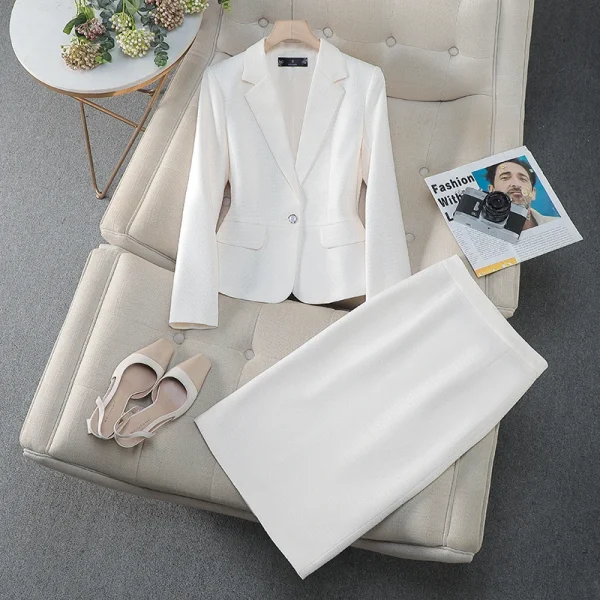 NAVIU Tessuto di alta qualità Stili eleganti Abiti da donna Temperamento blu Giacca a maniche lunghe e gonna Abbigliamento da lavoro da donna per ufficio 3