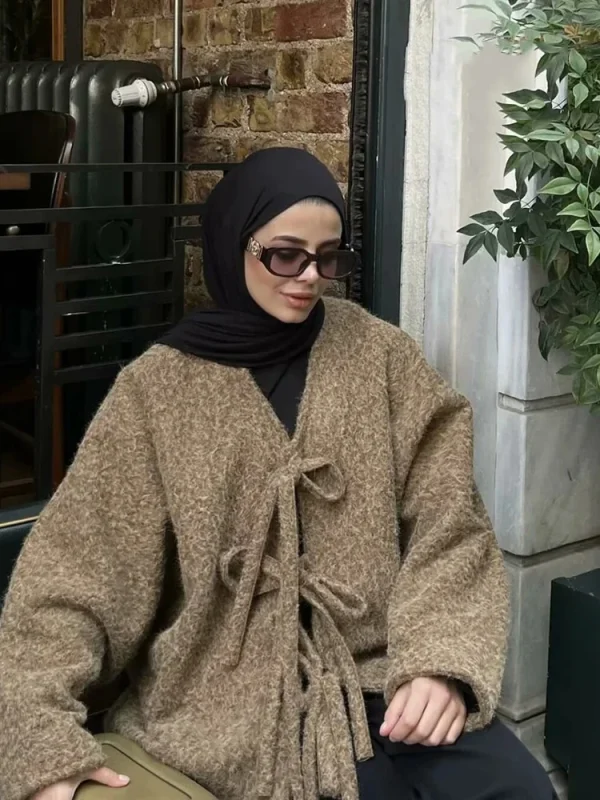 Moda Donna Cardigan a Maglia Casual Autunno e Inverno Allentato Tinta Unita Scollo a V Cravatta Cappotto Retrò Manica Lunga Giacca Pendolare 2