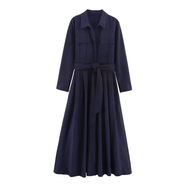 Abito da donna Autunno 2025 Nuovo colore solido Camicia a maniche lunghe Stile A-Pendulum Abito Cintura Decorazione Personalità della moda casual 4