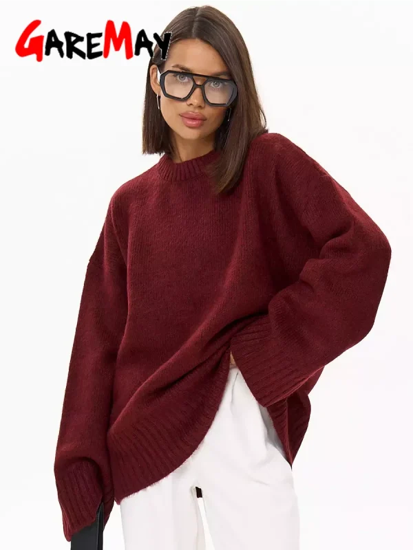Maglione oversize da donna invernale Borgogna O-Collo Pullover vintage da donna Maglione basic grigio femminile caldo maglioni lavorati a maglia per le donne 2