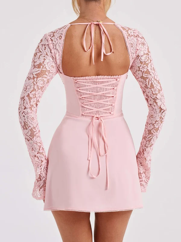 Abito da festa donna elegante abito corto a maniche lunghe in pizzo rosa di lusso carino Chic Basic Flower Split Sexy Casual Slim Fit per l'autunno 6