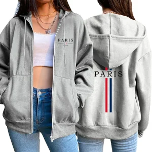 Cappotto da giacca da donna con stampa di lettere di Parigi Vendite calde Moda Top con cerniera allentata Felpa sportiva con cappuccio Abbigliamento donna casual Stile europeo 1