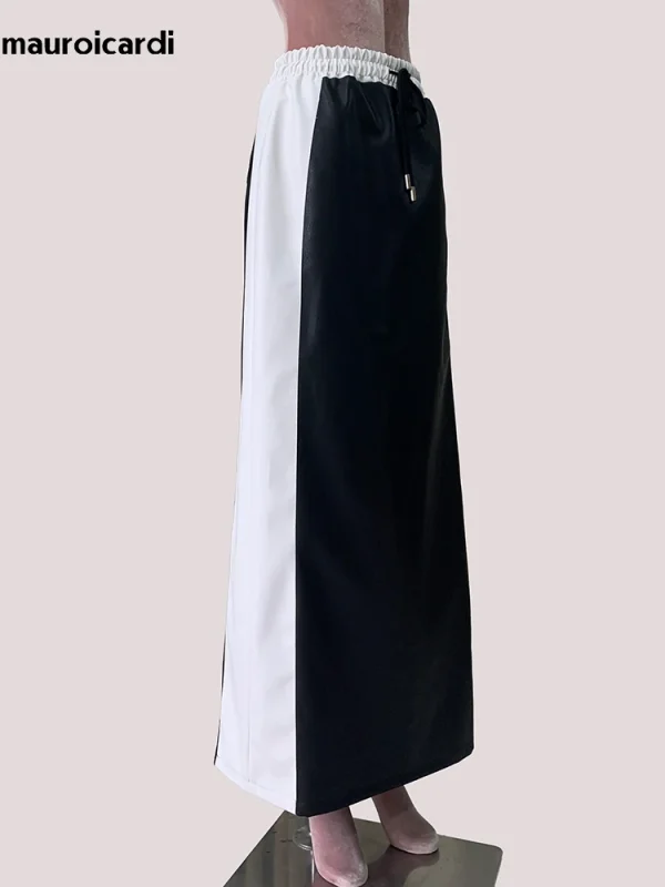 Lautaro Autunno Inverno Bianco e nero Patchwork Pu Pelle Gonna lunga fino al pavimento Donna con coulisse Abiti in vita elastica 2025 2