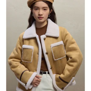 ZIQIAO Donna 100% Giacca in lana d'agnello Donna Inverno Addensare Cachi Cappotti corti Colletto rovesciato Cappotto monopetto retrò 23ZQ94092 1