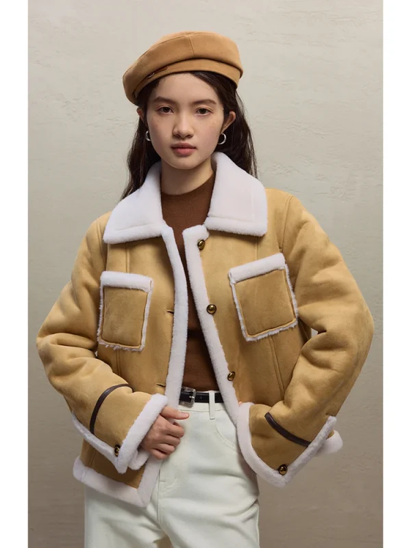 ZIQIAO Donna 100% Giacca in lana d'agnello Donna Inverno Addensare Cachi Cappotti corti Colletto rovesciato Cappotto monopetto retrò 23ZQ94092 1