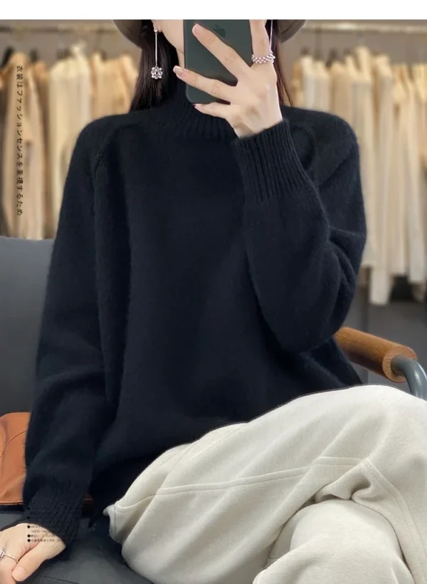Maglione di cashmere a collo alto da donna Maglione raglan pigro ispessito in morbida lana al 100% con spacco per l'autunno inverno Comodo ceroso W 4