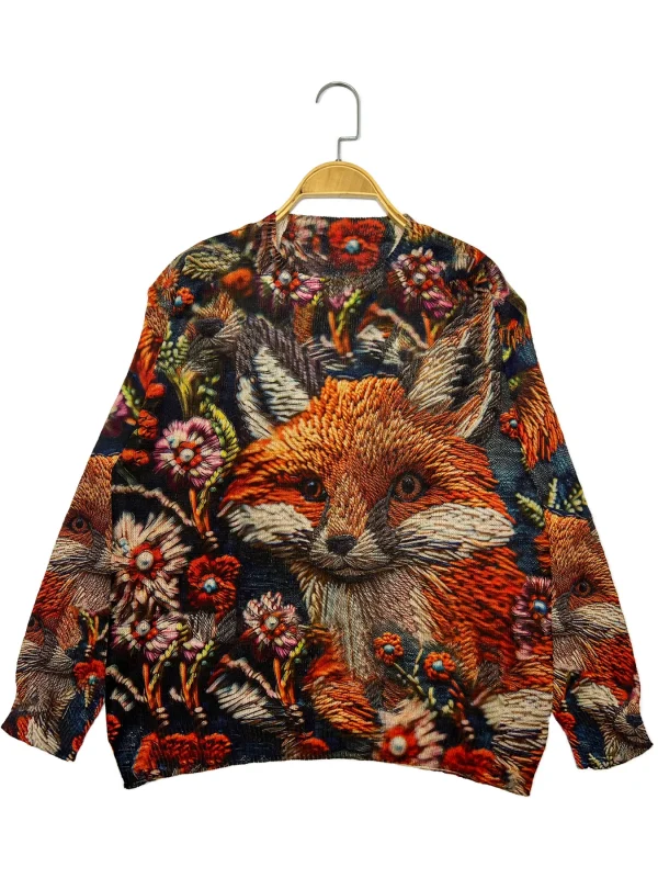 Maglione con stampa animalier volpe maglione casual girocollo a maniche lunghe adatto per abbigliamento donna primaverile e autunnale 4