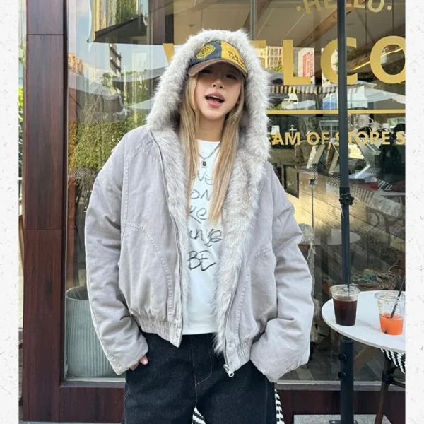 Giacca con cappuccio con collo in pelliccia retrò americana da donna Y2K Streetwear inverno nuova giacca casual allentata Harajuku calda ispessita in velluto 2
