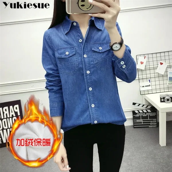 2022 Casual inverno Autunno caldo pile spesso denim Camicette Donna Donna Top Camicette da donna Camicia a maniche lunghe vestire S-3XL 3