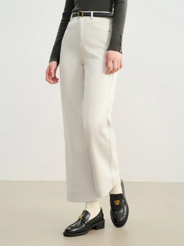 ZIQIAO 2025 Autunno/Inverno Nuovo Arrivo Elastico Bianco Faux Denim a Vita Alta Gamba Dritta Ritagliata Pantaloni Casual per Le Donne Petite 2
