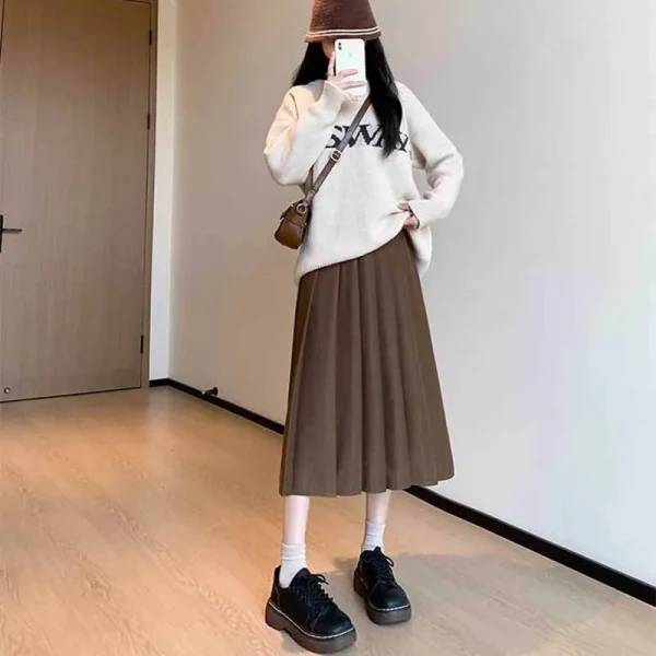 2025 nuove gonne a pieghe a vita alta per le donne autunno inverno addensare gonne di lana femminile stile college pieghe gonna lunga a-line 5