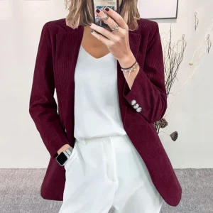 Nuova giacca di velluto a coste cardigan casual in tinta unita slim fit con temperamento transfrontaliero europeo e americano per donna 1