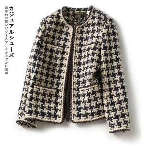 Giacca da donna a maniche lunghe con o-collo vintage scozzese con linea luminosa in seta brillante con bottoni ricoperti Cappotto corto da donna 1