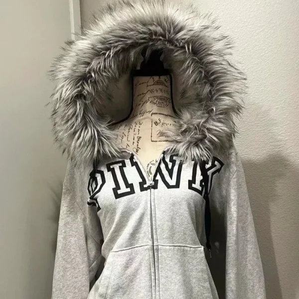 Felpa con cappuccio con cerniera con stampa di lettere americane per donna Street Hip-hop Abbigliamento casual Felpa con cappuccio con giunture in pelliccia retrò Y2K 2025 Nuovo 4