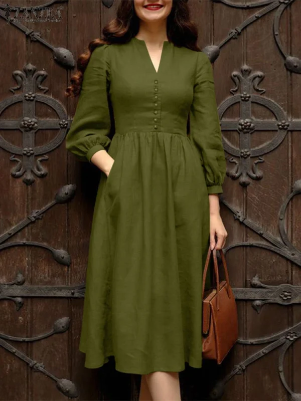 ZANZEA 2025 Autunno Abiti da lavoro solidi Donna Scollo a V Abito a maniche lunghe Elegante A Line Party Vestito estivo Casual Bottone solido Midi Robe 3