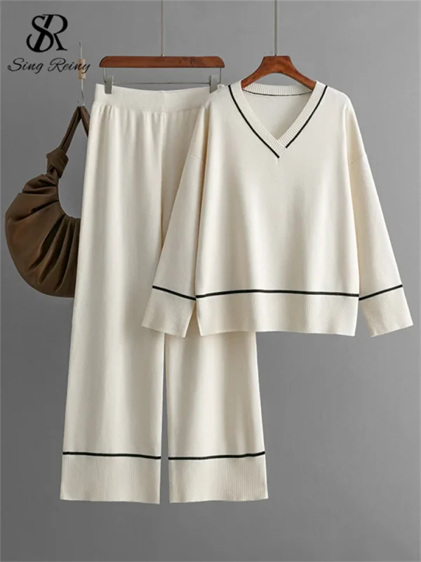 SINGREINY Homewear Knitting set donna scollo a v Split Basic top larghi + vita alta gambe larghe pantaloni Casual autunno inverno 2 pezzi abiti 5
