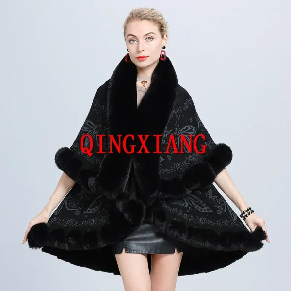 Cardigan invernale in pelliccia di volpe sintetica Poncho caldo Mantello allentato Scialle lavorato a maglia Cappotto oversize da donna Mantello spesso in tessuto jacquard a due strati 3