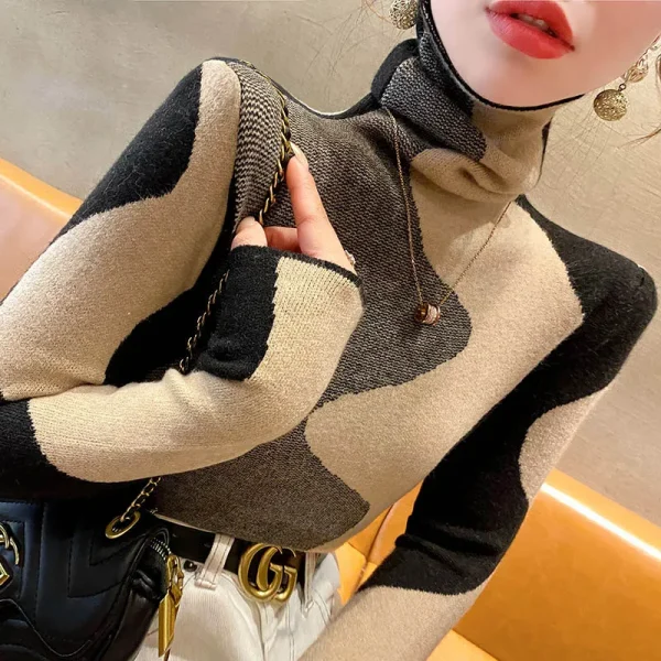 Abbigliamento donna Maglioni dolcevita slim moda vintage Autunno Inverno Elegante pullover in maglia patchwork chic Top da donna da ufficio 4