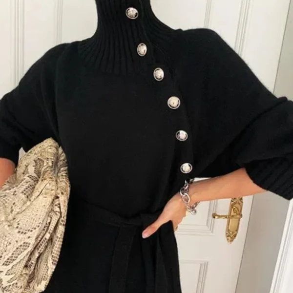 Abiti vintage chic autunno inverno donna dolcevita solido fasciatura con bottoni moda manica lunga ampia abito dritto lavorato a maglia 6
