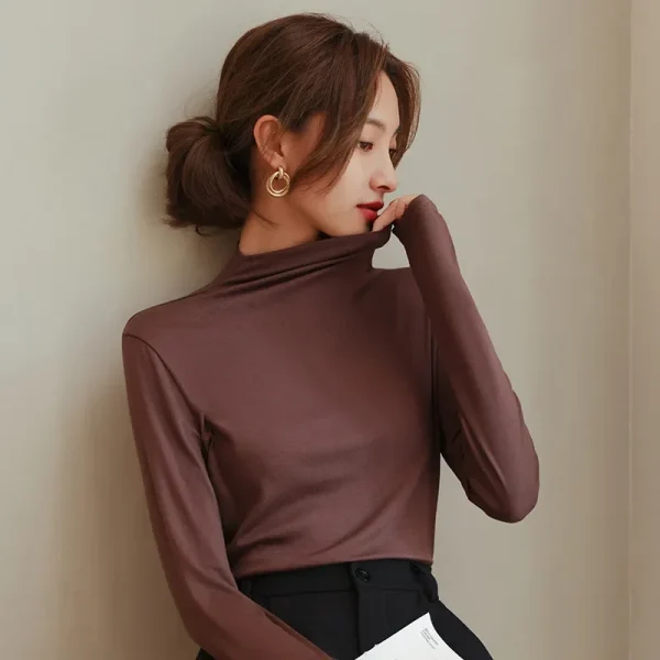 YSZWDBLX T-shirt da donna Autunno Inverno Manica lunga Mezza collo alto Camicia con fondo in modale morbido Ad alta resistenza Abbigliamento interno caldo coreano 5
