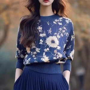 Primavera Autunno Lanterna Manica lunga Abbigliamento da donna Girocollo Pianta e fiori Pullover all'uncinetto Maglione lavorato a maglia Top eleganti 1