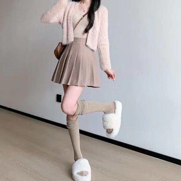 Gonne a pieghe di lana autunno inverno Donna Nuova minigonna dimagrante a vita alta coreana Gonna a trapezio con cerniera laterale stile preppy da donna 3