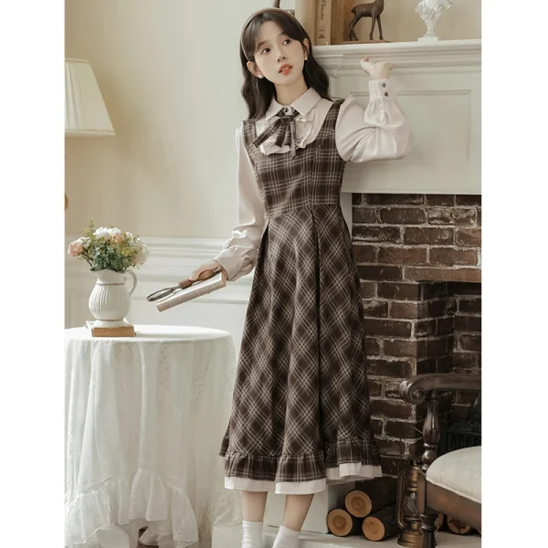 Abito scozzese stile francese Donna Primavera Autunno Falso in due pezzi con fiocco Abiti lunghi Abiti eleganti da festa vintage 6